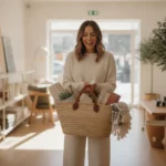 Jag älskar inredning En person står i en inredningsbutik och håller en shoppingkorg fylld med diverse inredningsdetaljer.