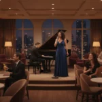 En pianist och en sångerska uppträder i en hotellbar inför en publik som dricker drinkar.