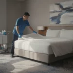 Hotellstädning En städare städar ett hotellrum.