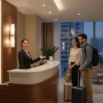 Viktigt med bra hotell En välkomnande receptionist tar emot ett par som checkar in vid en hotellreception.
