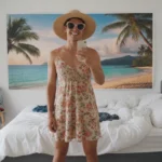 Fejkade sina semesterbilder En person klädd i sommarkläder tar ett foto framför en affisch i ett sovrum för att fejka en semesterbild.