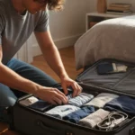 En kille packar ner ett par kalsonger i en resväska.